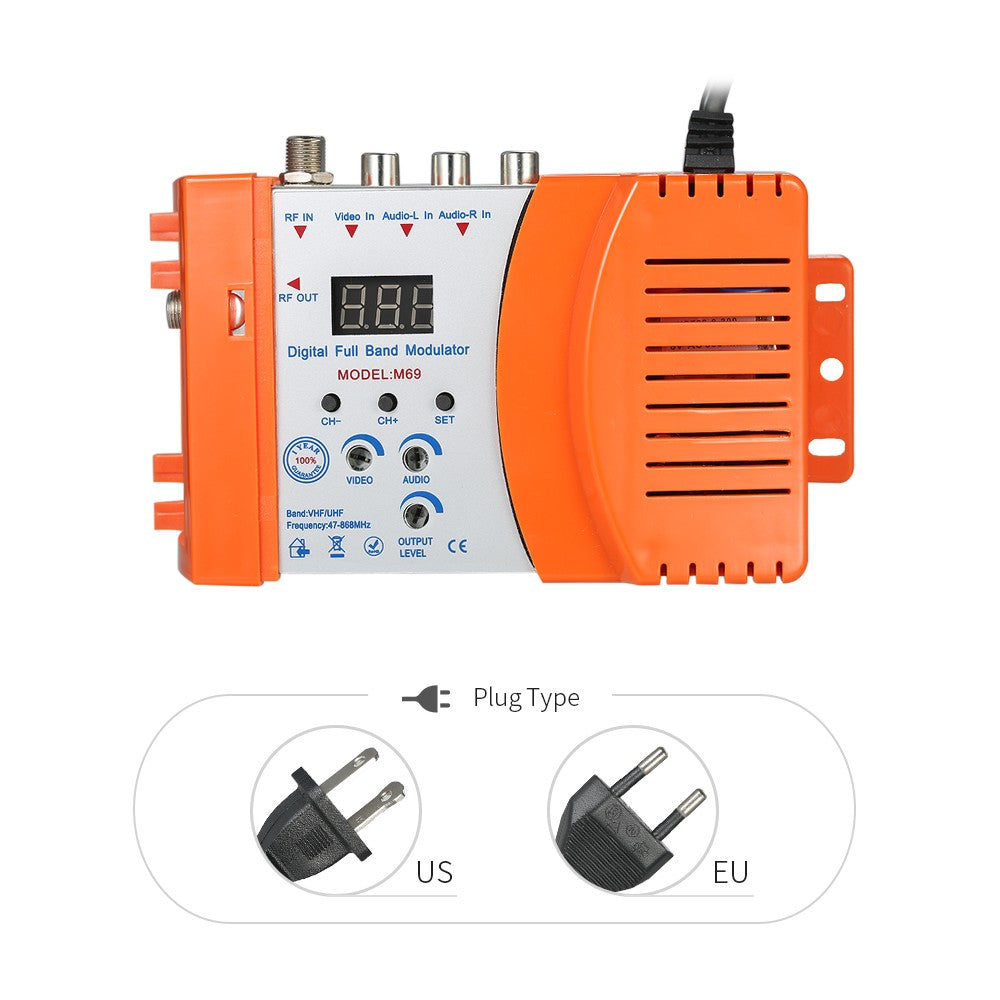 Digital RF Modulator TV Link Modulator AC120V RCA Compact RF Modulator Converter IR Extender VHF UHF Signal Amplifier - EU Plug/Orange