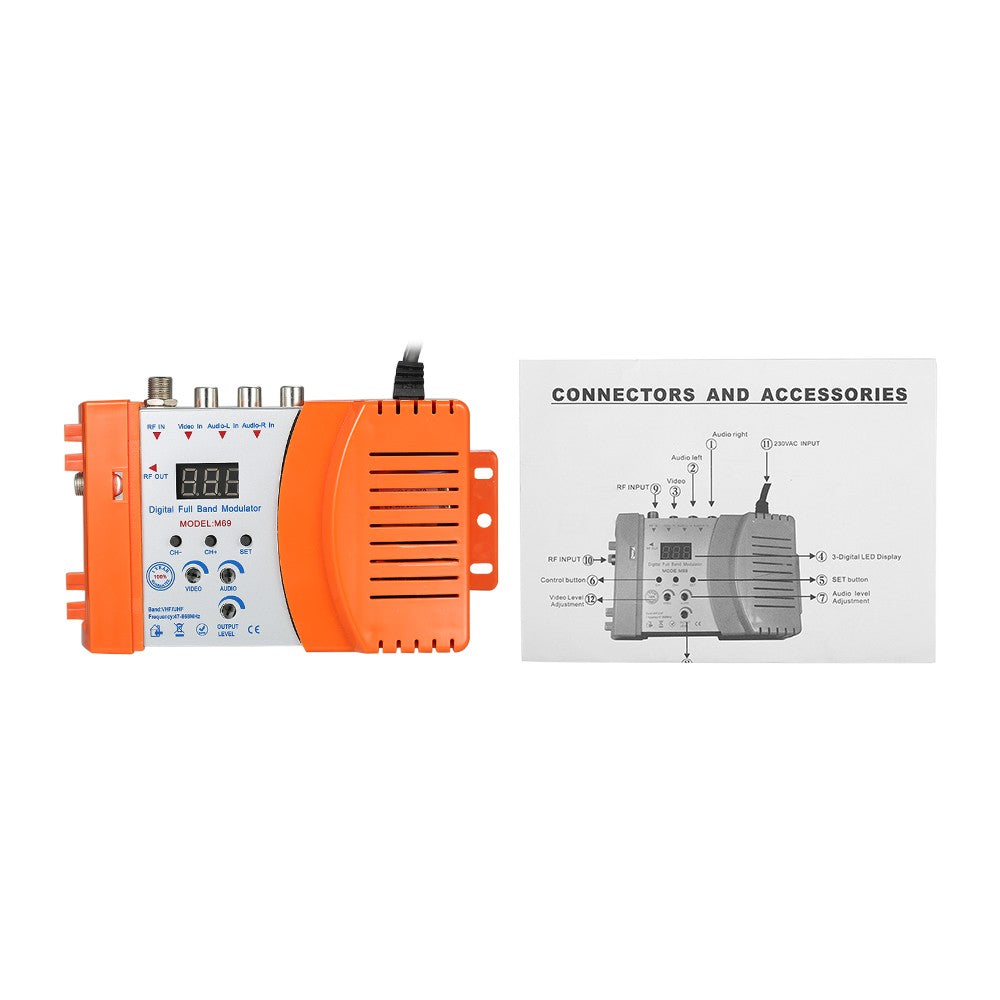 Digital RF Modulator TV Link Modulator AC120V RCA Compact RF Modulator Converter IR Extender VHF UHF Signal Amplifier - EU Plug/Orange