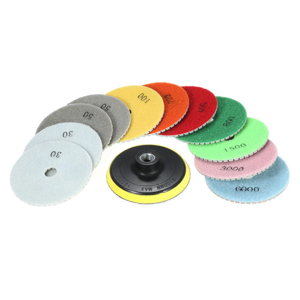 Diamond Wet Polishing Pads Kit 11Pcs 4 inch Stone Polishing Accessories Grinding Disc + 1Pc Backing Pad for Granite Concrete Marble