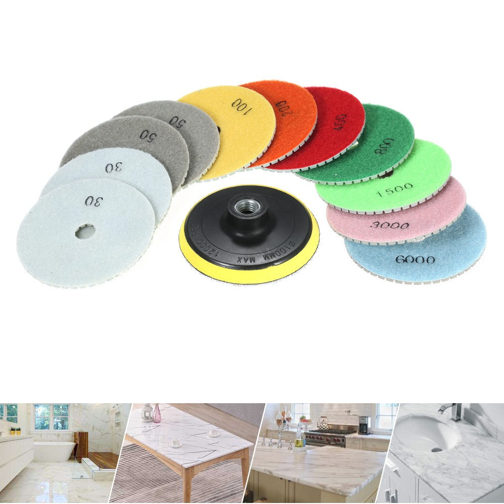 Diamond Wet Polishing Pads Kit 11Pcs 4 inch Stone Polishing Accessories Grinding Disc + 1Pc Backing Pad for Granite Concrete Marble