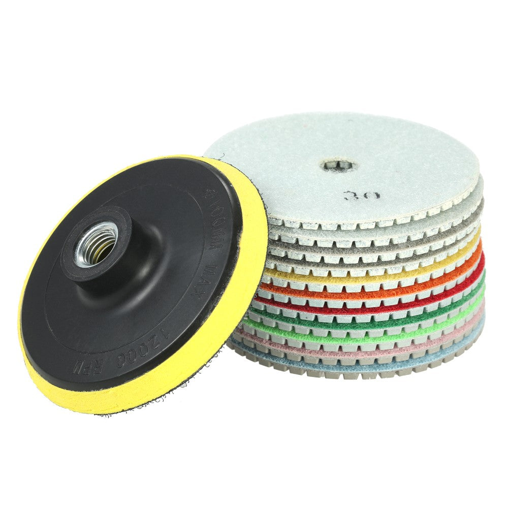 Diamond Wet Polishing Pads Kit 11Pcs 4 inch Stone Polishing Accessories Grinding Disc + 1Pc Backing Pad for Granite Concrete Marble