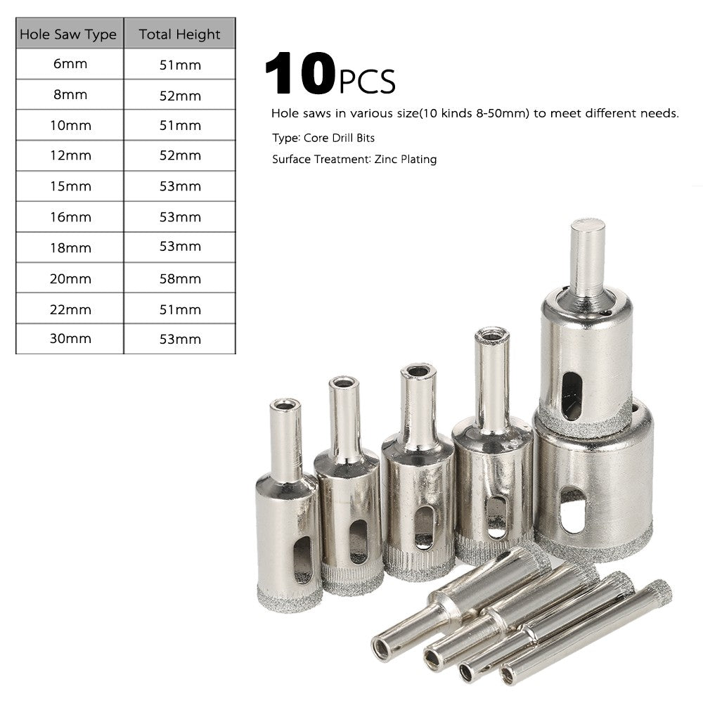 10PCS 6-30mm Glass Hole Drill Bits Saw Kit Marble Ceramic Glass Porcelain Drilling Tool