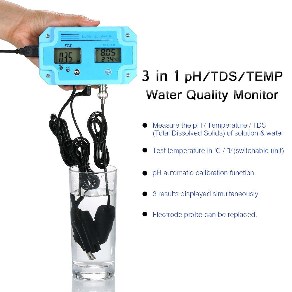 3-in-1 pH/TDS/TEMP Meter Water Detector Multi-function Water Quality Monitor Multiparameter Tester - EU Plug
