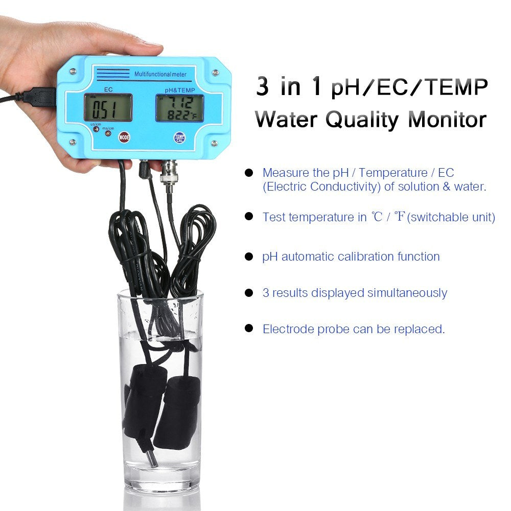 Professional 3 in 1 pH/EC/TEMP Meter Water Detector Multi-parameter Digital LCD Water Quality Monitor - EU Plug
