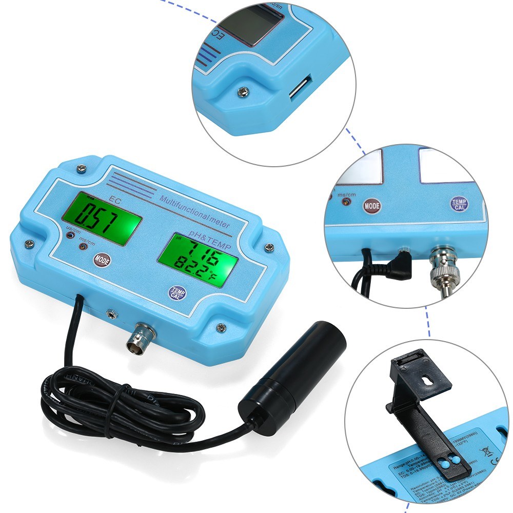 Professional 3 in 1 pH/EC/TEMP Meter Water Detector Multi-parameter Digital LCD Water Quality Monitor - EU Plug