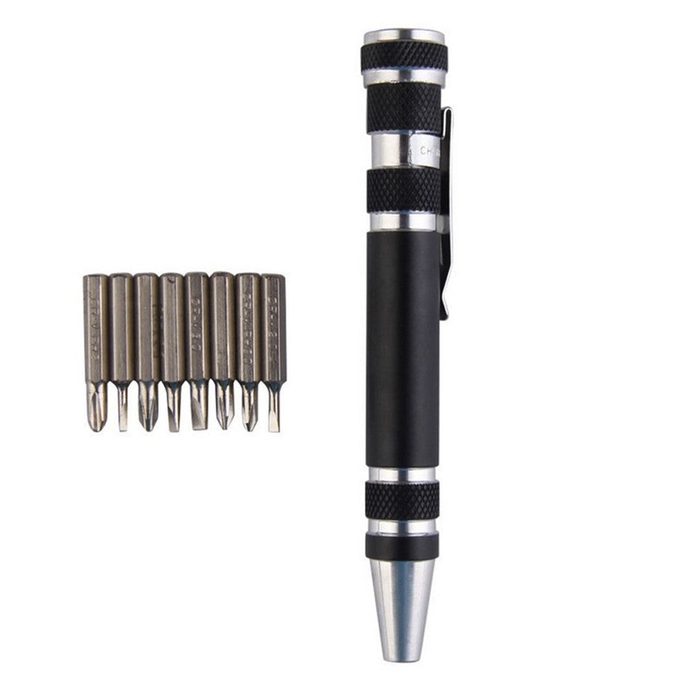 Eight-in-one Multi-function Pocket Screwdriver with Magnetic Mini Aluminum Tool Pen - Black