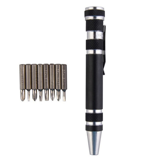 Eight-in-one Multi-function Pocket Screwdriver with Magnetic Mini Aluminum Tool Pen - Black