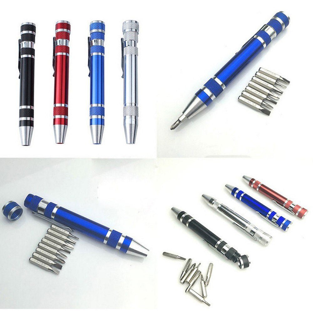 Eight-in-one Multi-function Pocket Screwdriver with Magnetic Mini Aluminum Tool Pen - Black