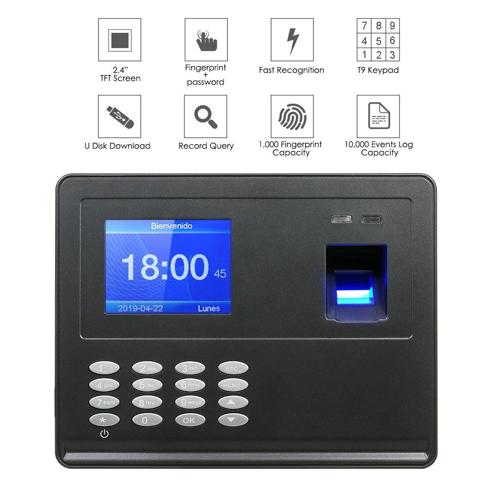 2.8inch TFT LCD Display Biometric USB Fingerprint Attendance Machine Time Clock Employee Checking-in Recorder - Black / EU Plug
