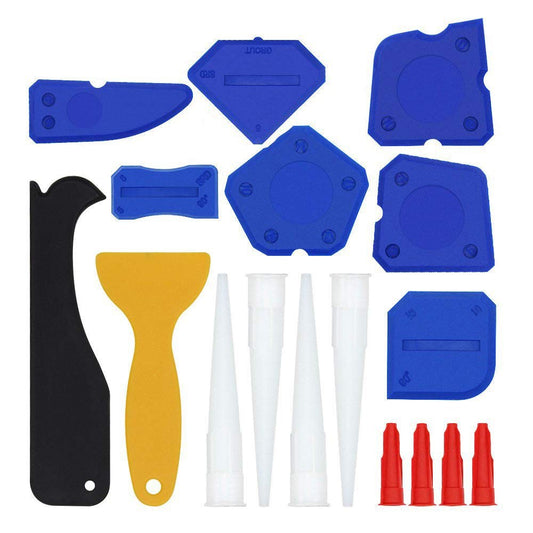 17PCS Caulking Tool Kit [Silicone Sealant Finishing Tools + Grout Scraper + Caulk Remover + Caulk Nozzles + Caulk Caps] - Blue