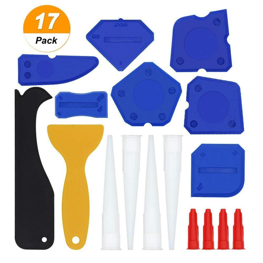 17PCS Caulking Tool Kit [Silicone Sealant Finishing Tools + Grout Scraper + Caulk Remover + Caulk Nozzles + Caulk Caps] - Blue