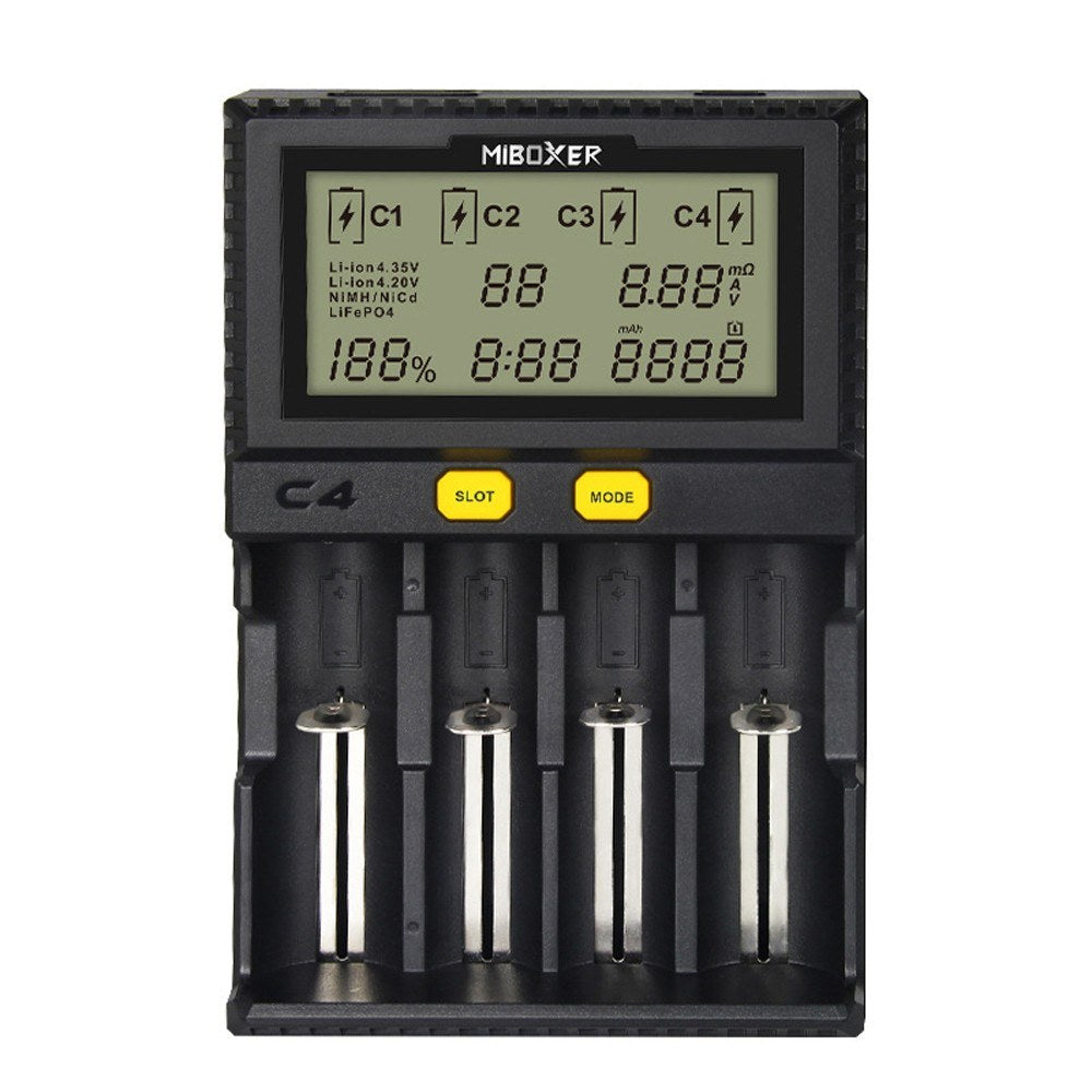 MiBOXER Intelligent Universal 1.5A 4 Bay LCD Display Battery Charger for 18650 Li-ion LiFePO4 Ni-MH Ni-Cd AA 21700 18490 17670 R13650 17355 16340