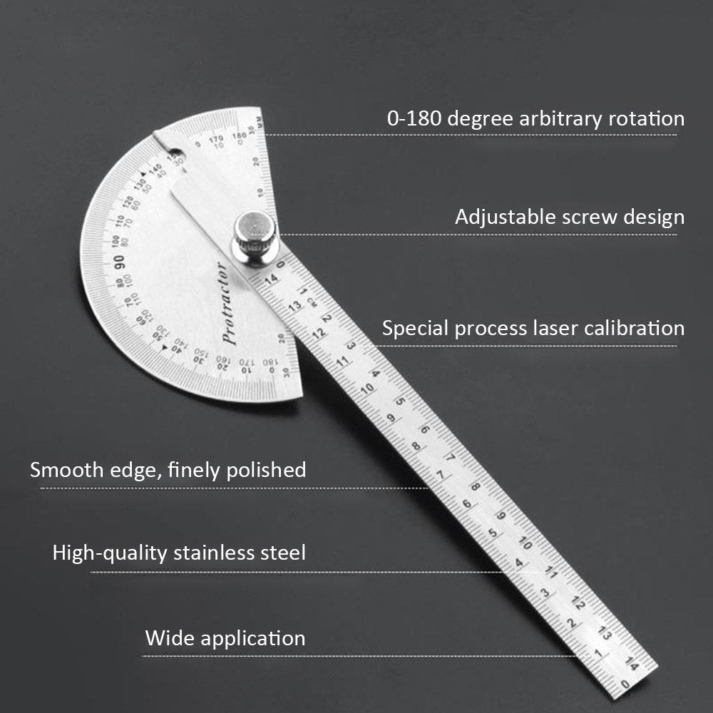 Stainless Steel 180 Degree Protractor Angle Finder Rotary Woodworking Measuring Ruler - One Arm, 145mm/ 5.71in