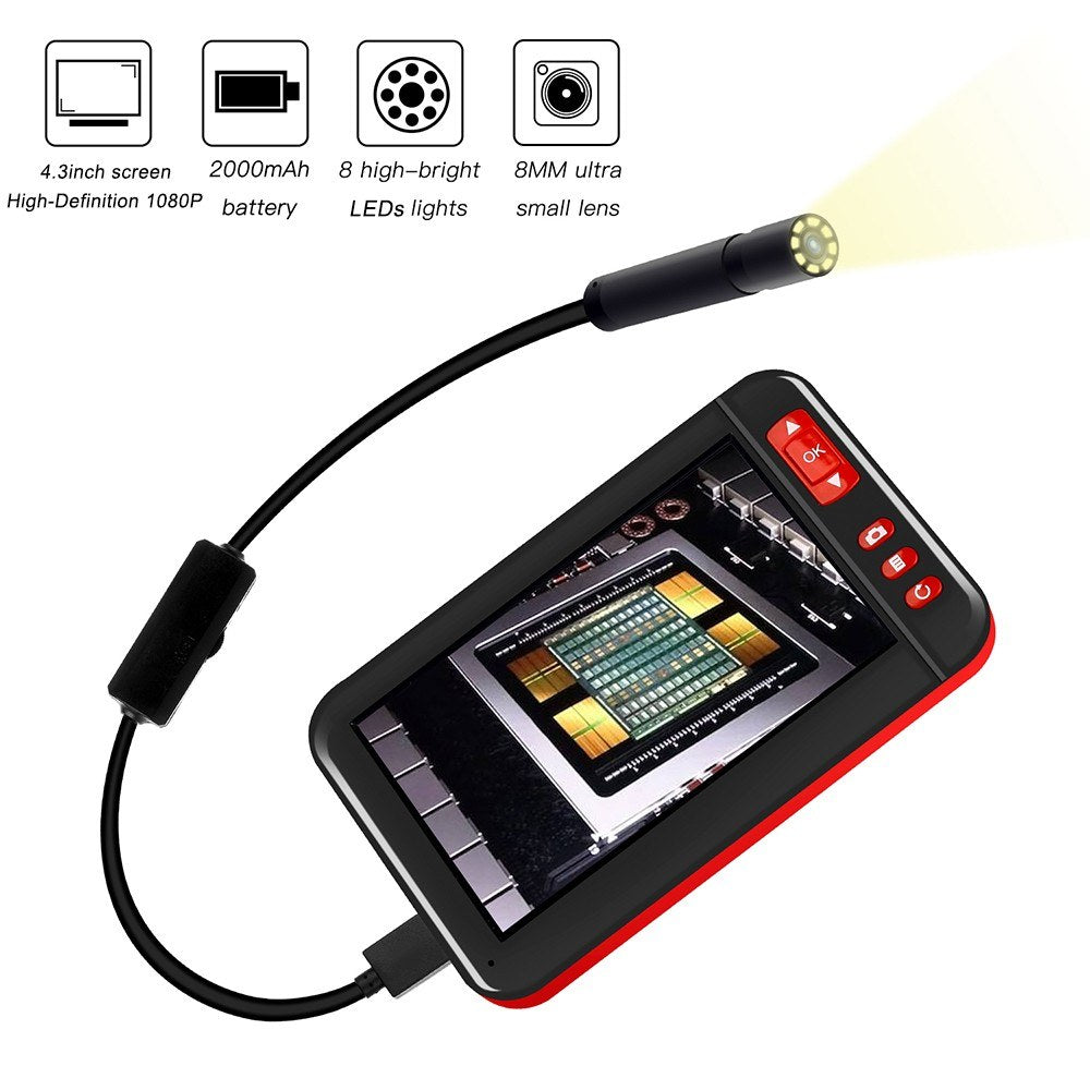 P20 4.3-inch Screen Industrial Endoscope Borescope Inspection Camera 8-LED 8mm Lens 1080P Display Screen - 10m Semi-rigid Cable