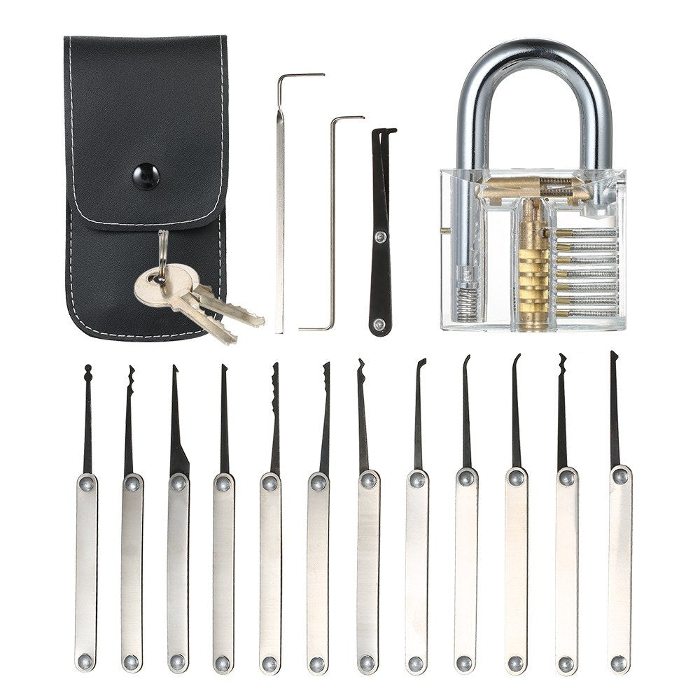 15Pcs Household Lock Pick Set Tools with Transparent Key Lockpicking Home Improvement Simple Accessory(ABS/Steel)