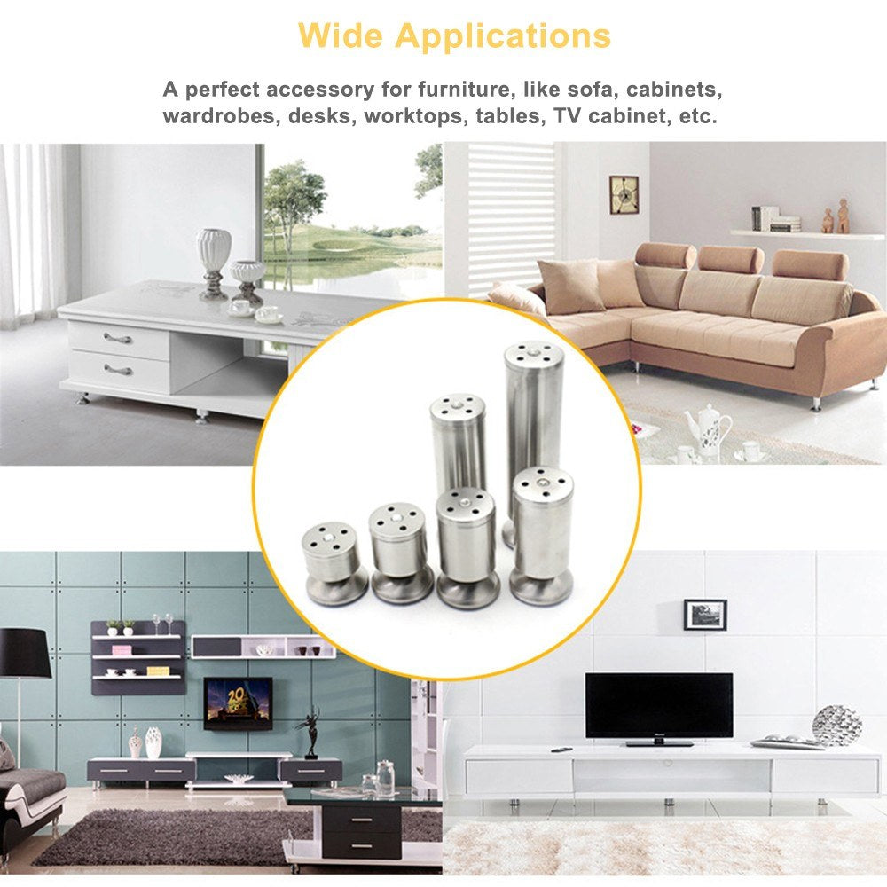 Stainless Steel Furniture Legs Adjustable Height Cabinet Legs Worktop TV Desk Table Sofa Feet - 100mm