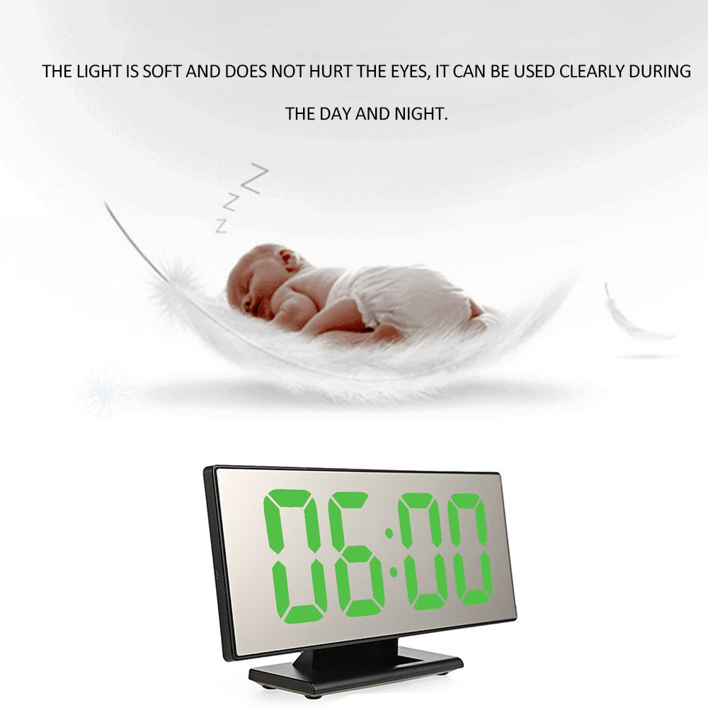 Multifunctional Large Screen Digital Display Electronic Table Clock Mute LED Mirror Alarm Clock - Black/Green