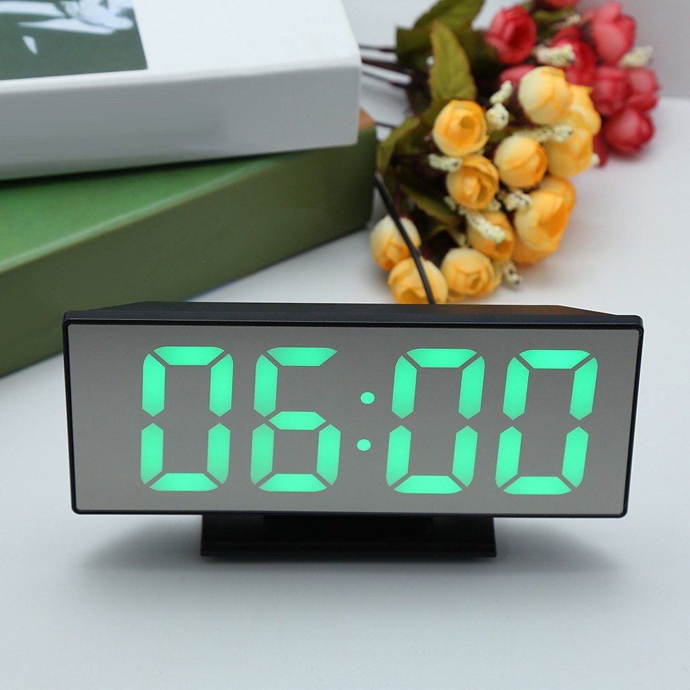 Multifunctional Large Screen Digital Display Electronic Table Clock Mute LED Mirror Alarm Clock - Black/Green