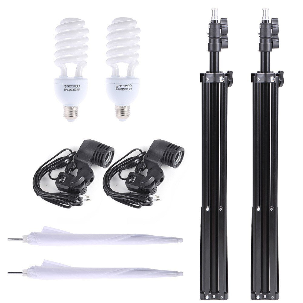 Photo Studio Lighting Kit Set Light Stand White Soft Light Umbrella 45W Light Bulb Swivel Light Socket - EU Plug