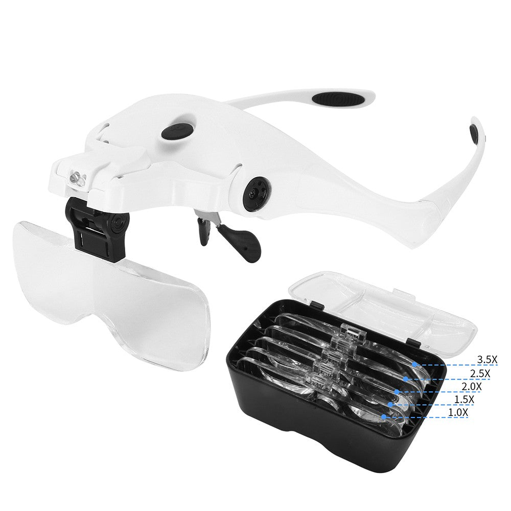 Head Mount Glasses Magnifier USB Charging Magnifying Glasses with 2 LED Lights Jewelry Craft Watch Hobby 5 Lenses 1.0X 1.5X 2.0X 2.5X 3.5X for Close Work