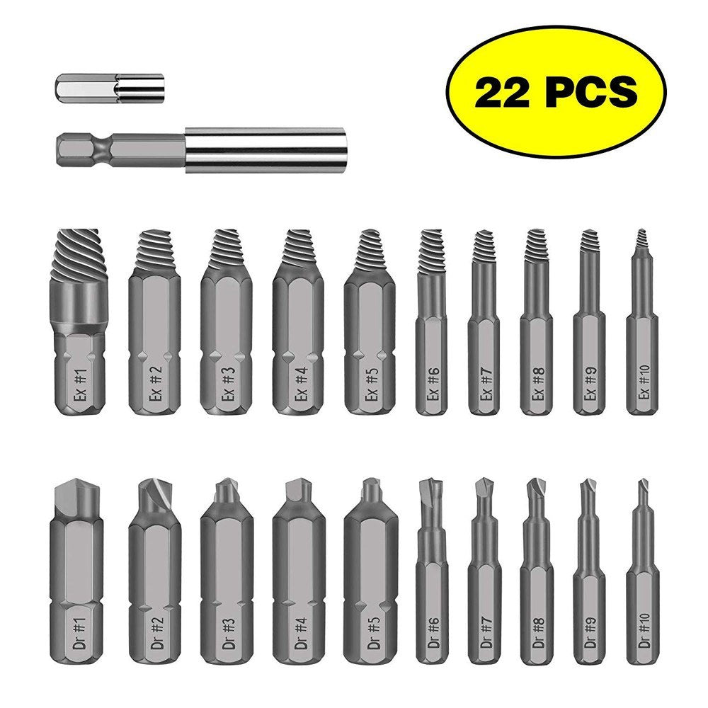 22pcs Werkzeug Damaged Stripped Screw Extractor Set for Broken Screw HSS Broken Bolt Extractor Screw Remover Set with Magnetic Extension Bit Holder Socket Adapter