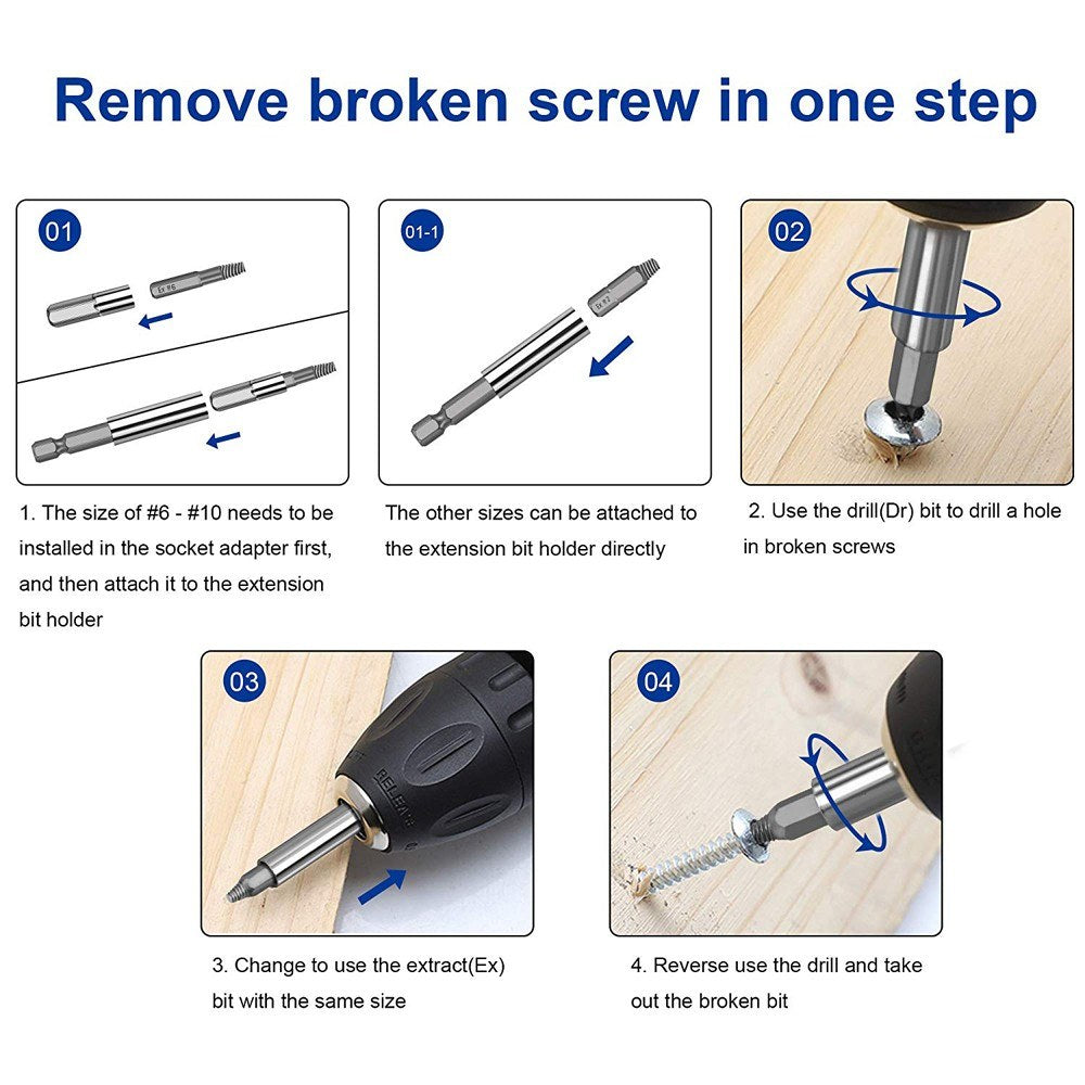 22pcs Werkzeug Damaged Stripped Screw Extractor Set for Broken Screw HSS Broken Bolt Extractor Screw Remover Set with Magnetic Extension Bit Holder Socket Adapter