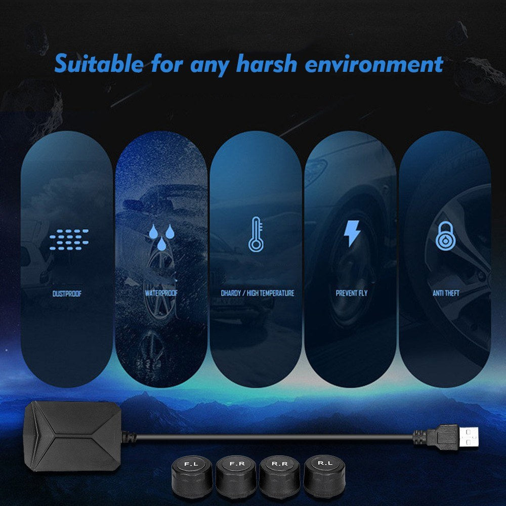 Tire Pressure Monitoring System for Android Navigation with 4 External Sensors Real-time Display - Black