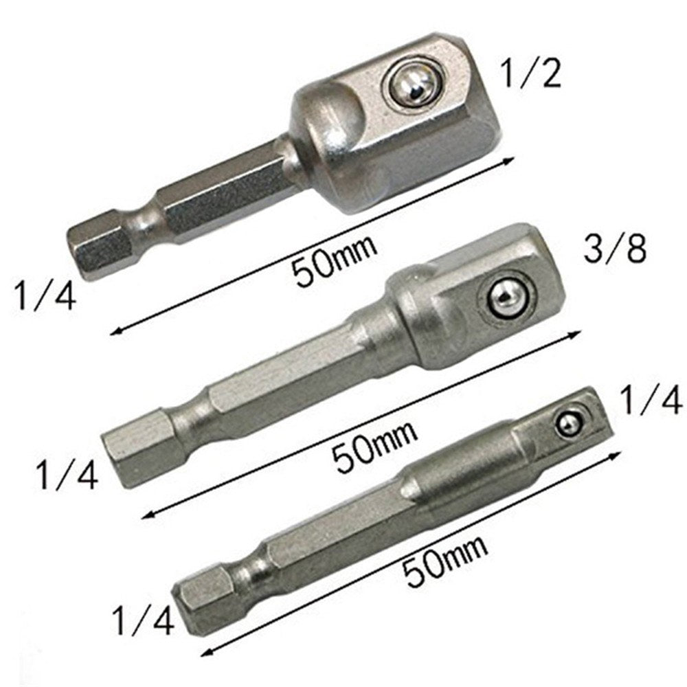 3Pcs Chrome Vanadium Steel Power Drill Socke Adapter 1/4inch 3/8inch 1/2inch Hex Shank Impact Socket Adapter Extension Bar Conversion Tool