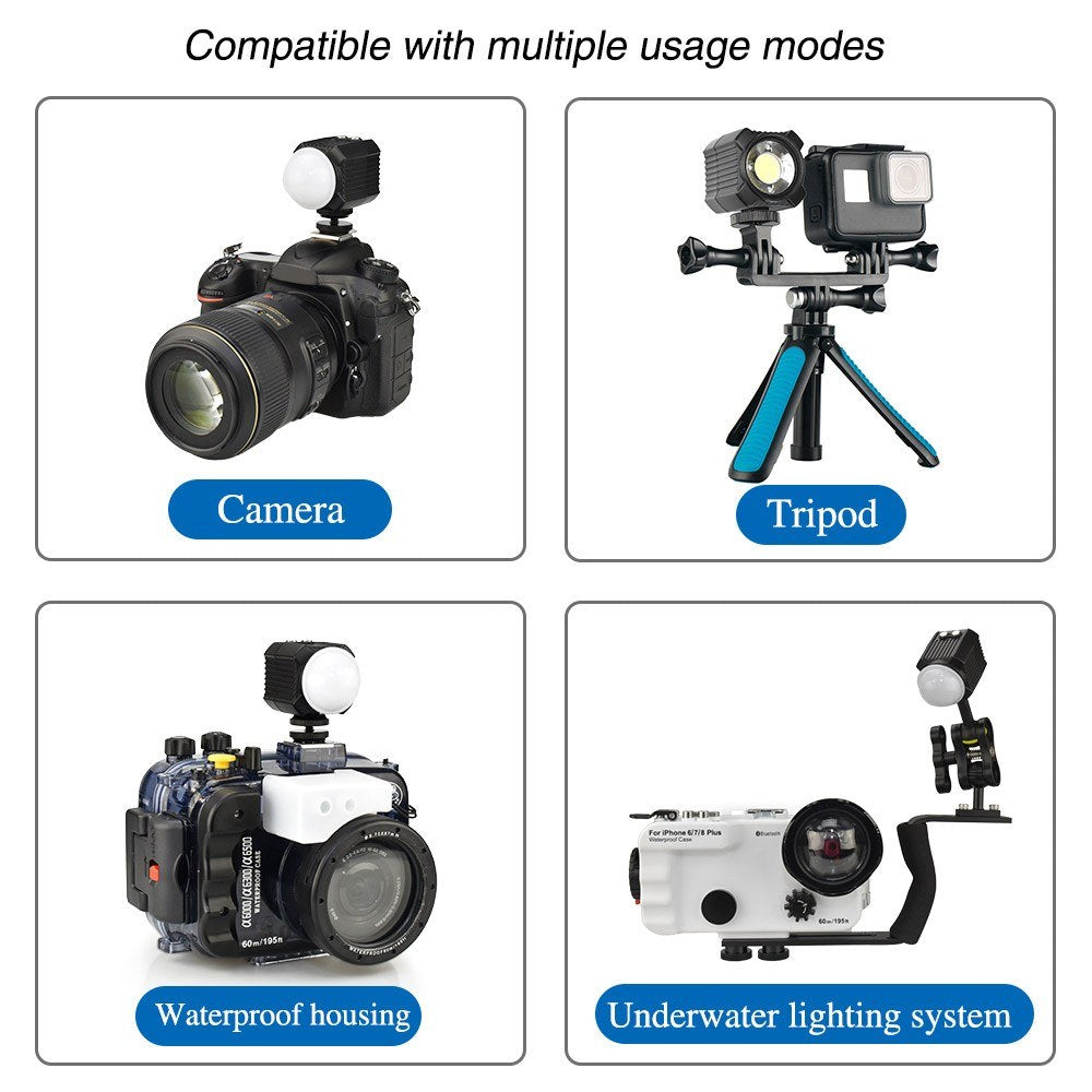 Mini Rechargeable LED Video Light Diving Photography Lamp Underwater 60M Waterproof IPX8 Camping Lighting for DJI Drone/ GoPro/  DSLR Cameras/ Camcorders/ Action Cameras/ Smartphone