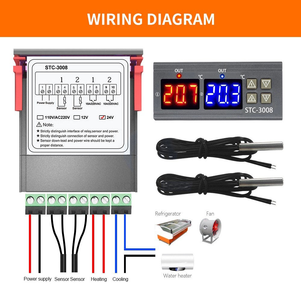 Dual Digital Display Thermostat Temperature Regulator Temperature Controller with Double NTC Probe Heater Sensor Probe Two Relay Output - 24V
