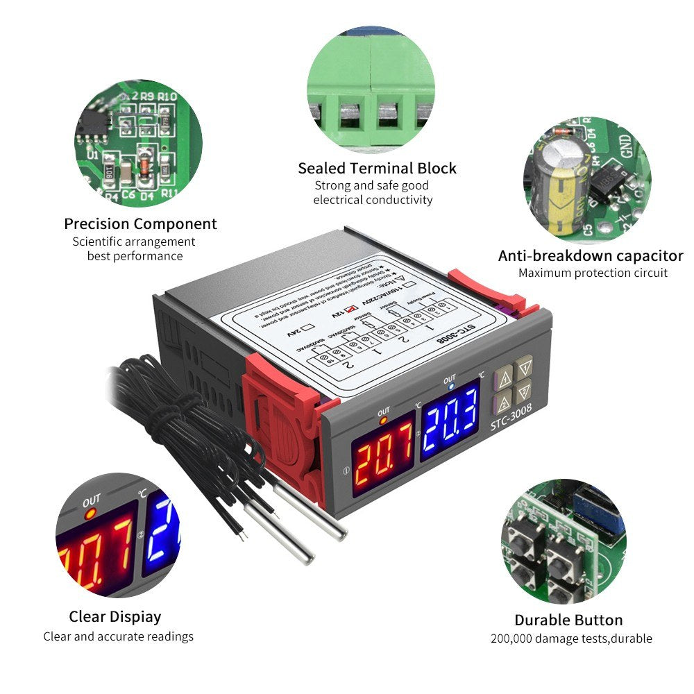 Dual Digital Display Thermostat Temperature Regulator Temperature Controller with Double NTC Probe Heater Sensor Probe Two Relay Output - 12V