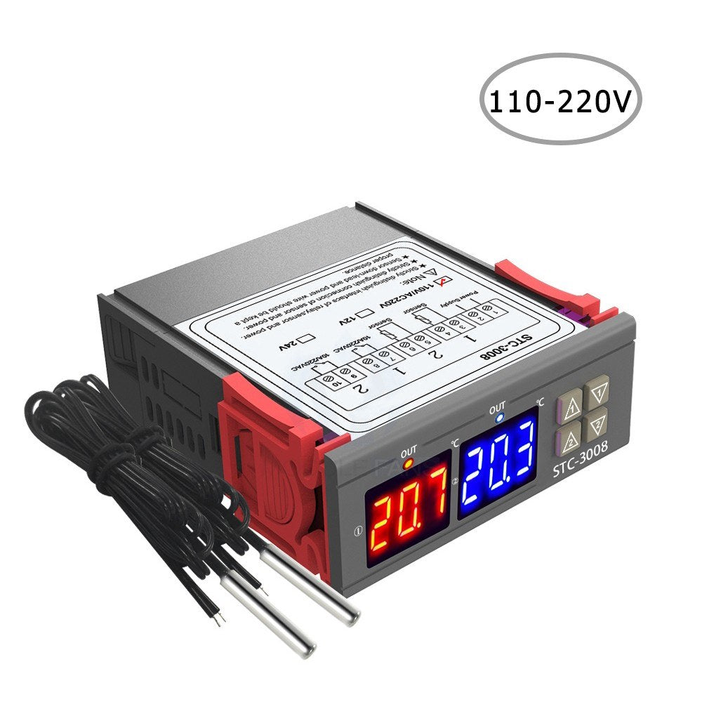 Dual Digital Display Thermostat Temperature Regulator Temperature Controller with Double NTC Probe Heater Sensor Probe Two Relay Output - 110-220V