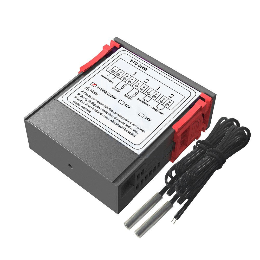 Dual Digital Display Thermostat Temperature Regulator Temperature Controller with Double NTC Probe Heater Sensor Probe Two Relay Output - 110-220V