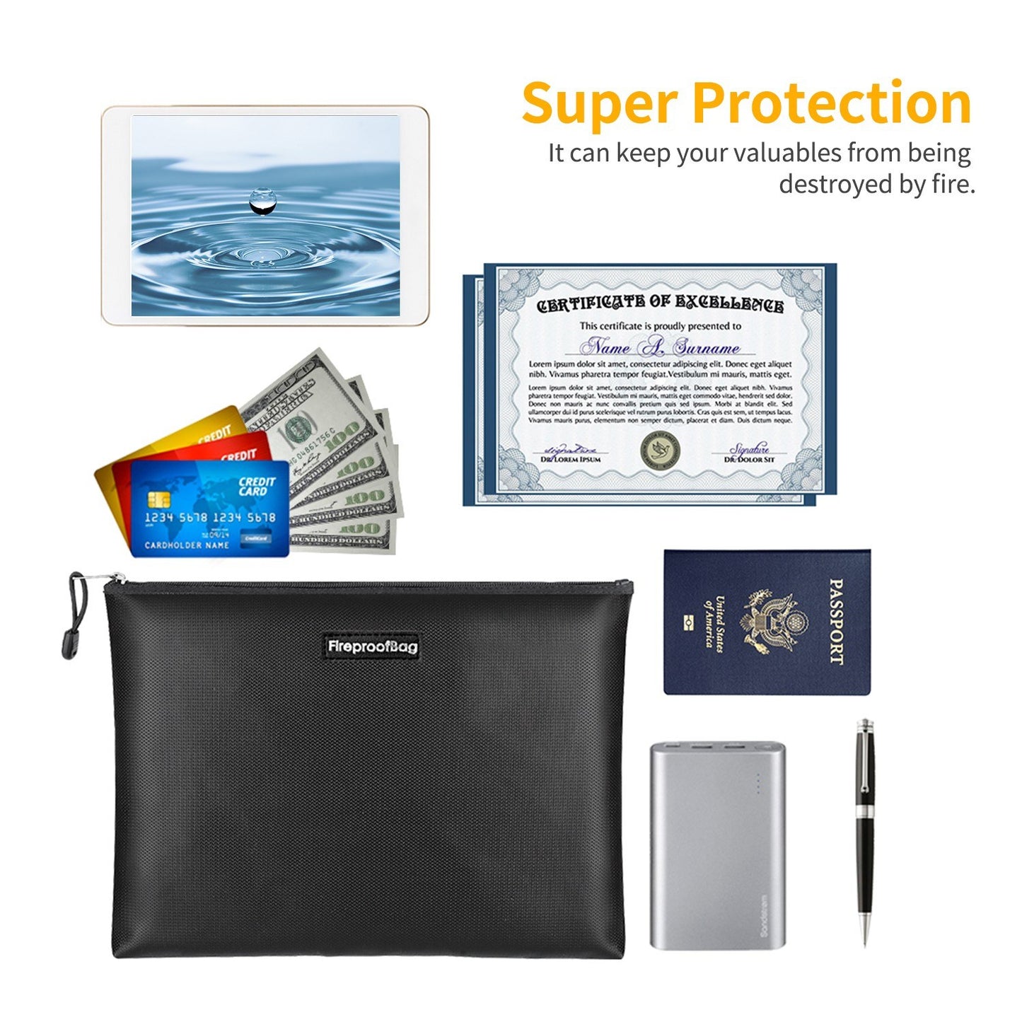 Fireproof Document Bag Silicone Coated Fiberglass Waterproof Money Bag with Zipper Closure Safe Storage Pouch