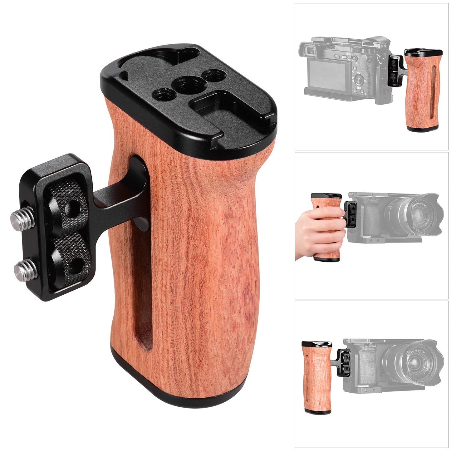 Universal Camera Cage Wooden Handle Side Hand Grip with Cold Shoe Mount 1/4 Inch &amp; 3/8 Inch Screw Holes - 1PC
