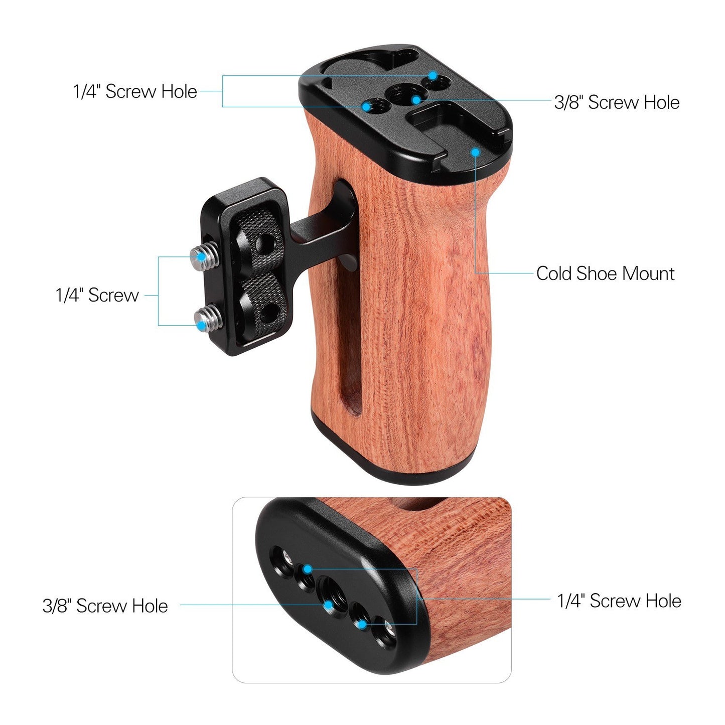 Universal Camera Cage Wooden Handle Side Hand Grip with Cold Shoe Mount 1/4 Inch &amp; 3/8 Inch Screw Holes - 1PC