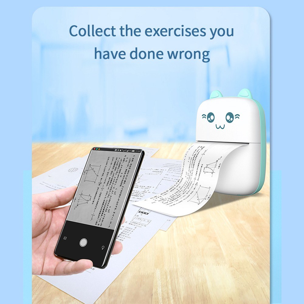 Mini Thermal Printer Wirelessly BT 200dpi Photo Label Memo Wrong Question Printing with USB Cable - Blue
