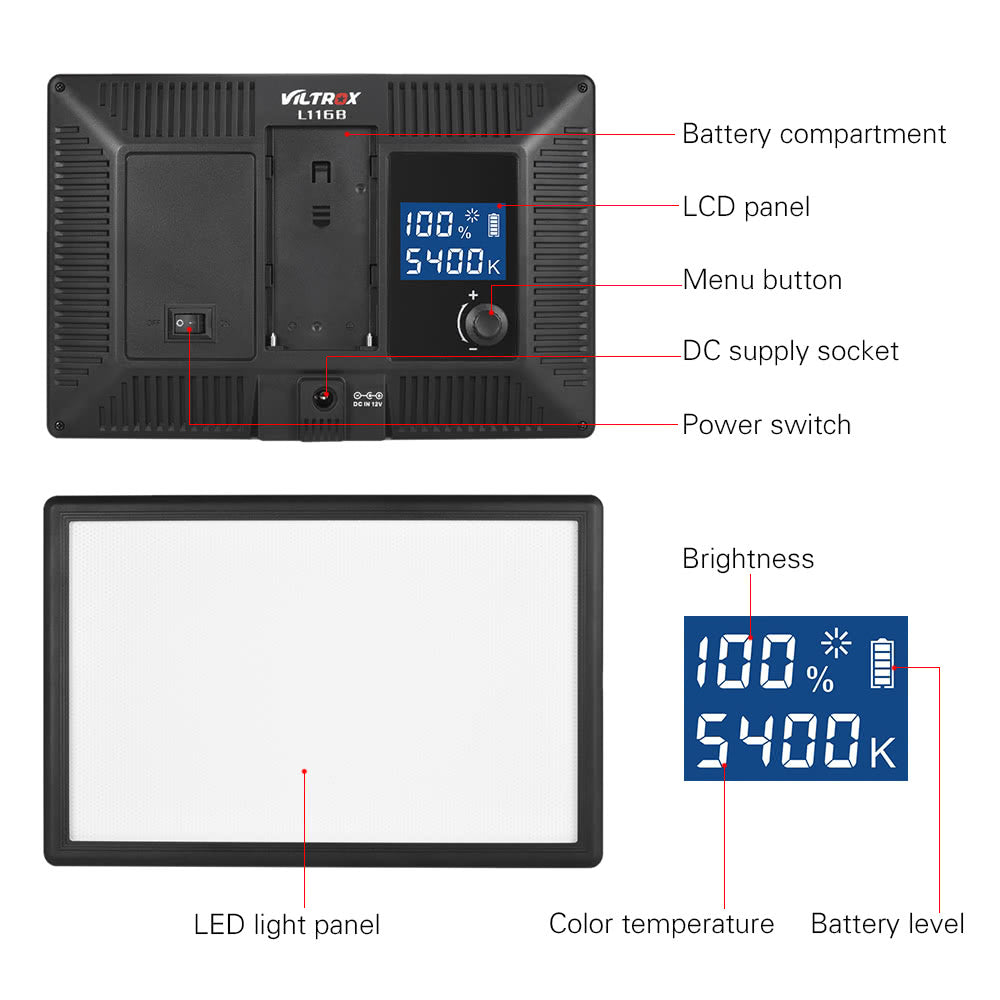 Viltrox L116B Professional Ultra-thin LED Video Light Photography Fill Light for Canon Nikon Sony Panasonic DSLR Camera and Camcorder