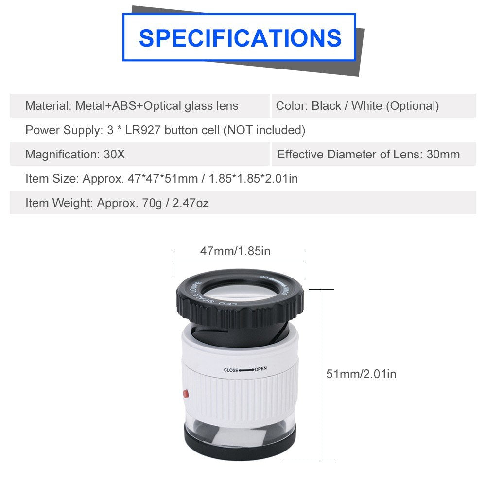 LED Scale Loupe 30X Adjustable Magnification Magnifier Metal Cylinder Type Mirror - White