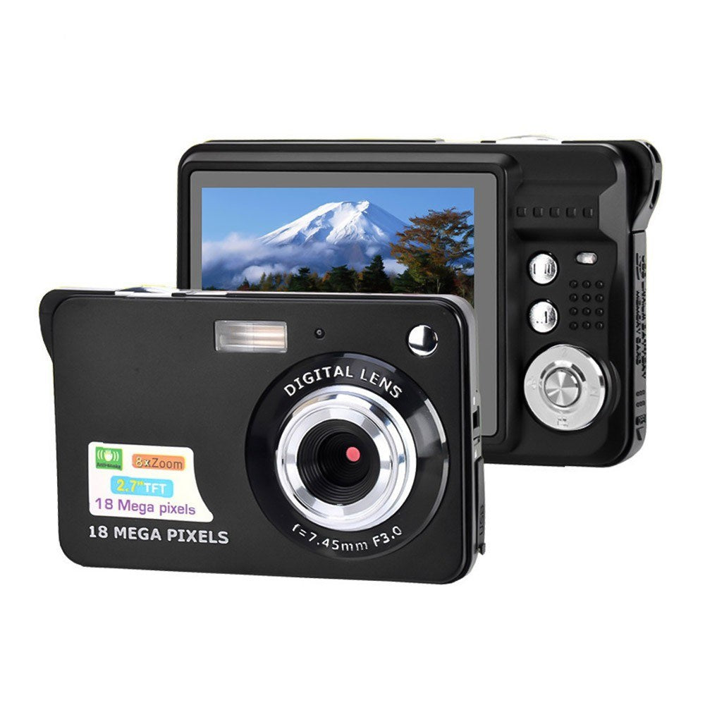 Digital Camera Mini Pocket Camera 18MP 2.7 Inch LCD Screen 8x Zoom Smile Capture Anti-Shake with Battery - Black