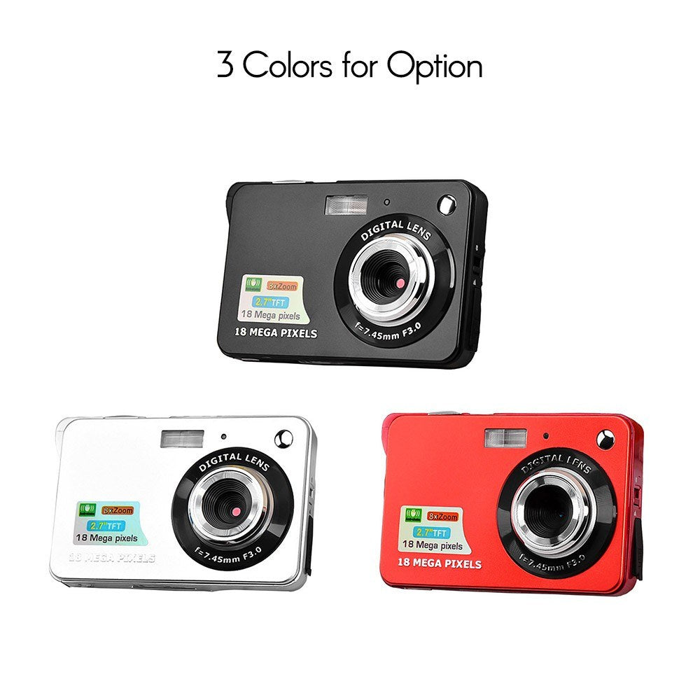 Digital Camera Mini Pocket Camera 18MP 2.7 Inch LCD Screen 8x Zoom Smile Capture Anti-Shake with Battery - Red