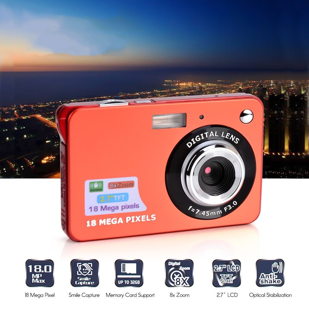 Digital Camera Mini Pocket Camera 18MP 2.7 Inch LCD Screen 8x Zoom Smile Capture Anti-Shake with Battery - Red