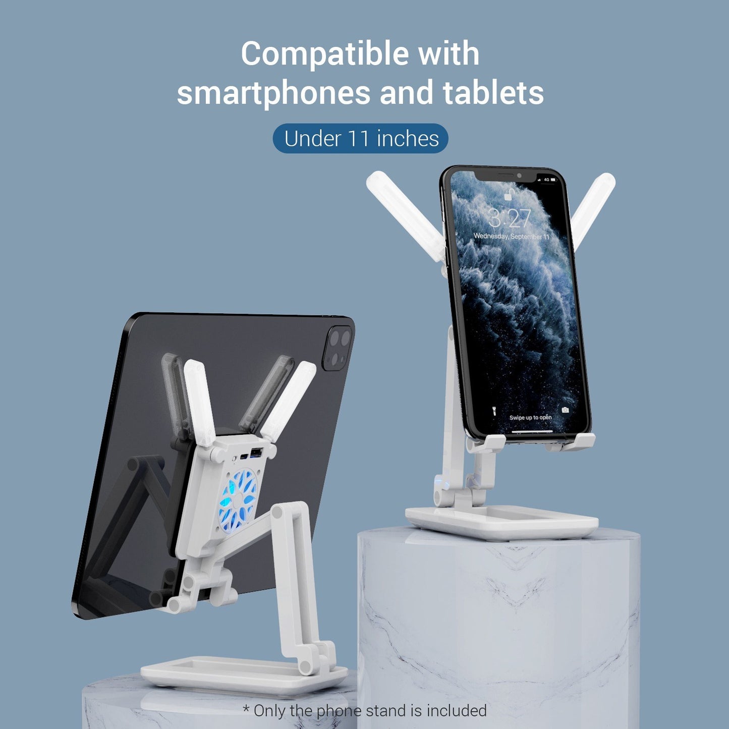 Foldable Desktop Smartphone Stand Adjustable Height with Cooling Fan for Live Streaming Online Video Chatting