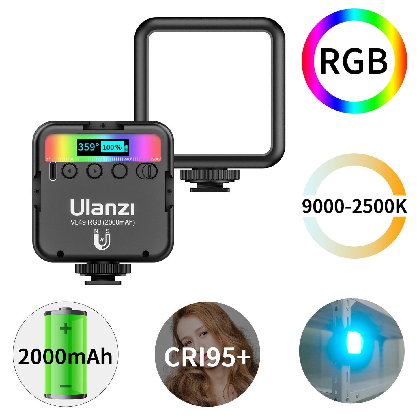 Uniqkart VL49 RGB Pocket LED Video Light Photography Fill Light with Cold Shoe Mounts