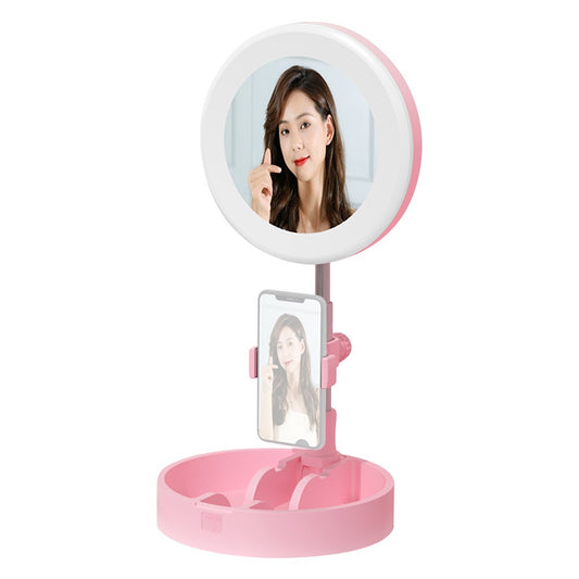 Portable LED Ring Light with Makeup Mirror Phone Holder 10 Brightness for Selfie Video Recording Streaming - Pink