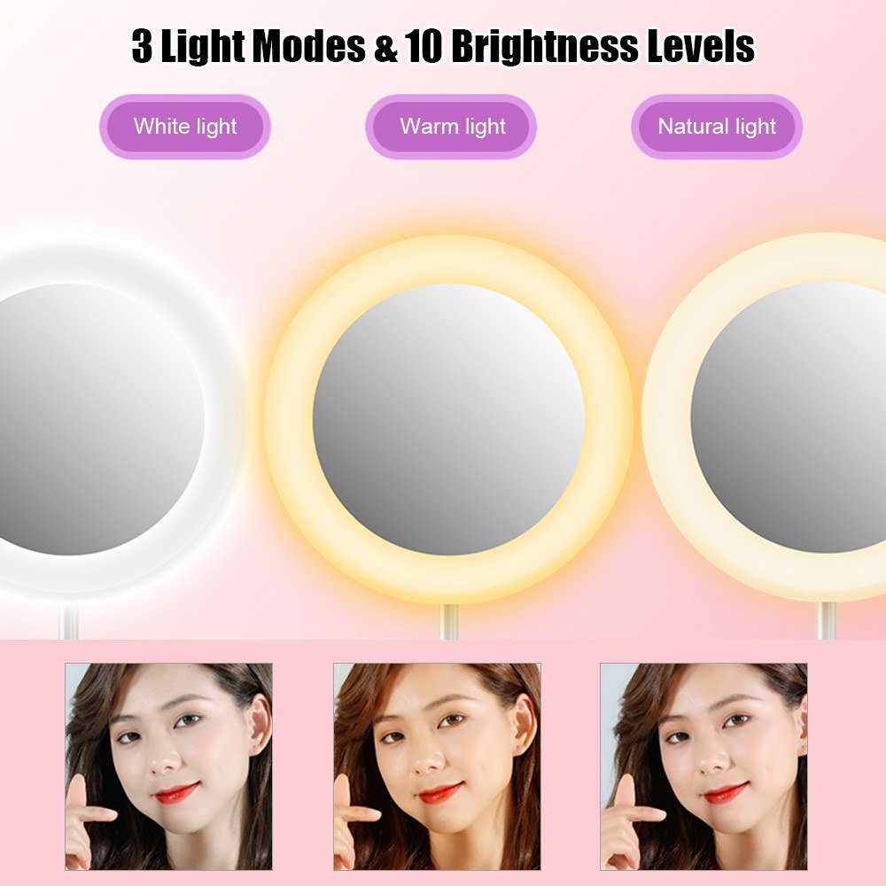 Portable LED Ring Light with Makeup Mirror Phone Holder 10 Brightness for Selfie Video Recording Streaming - Pink