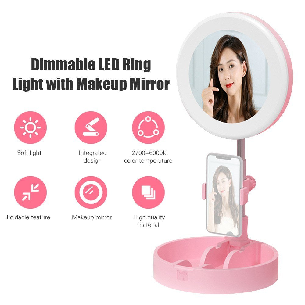 Portable LED Ring Light with Makeup Mirror Phone Holder 10 Brightness for Selfie Video Recording Streaming - Pink