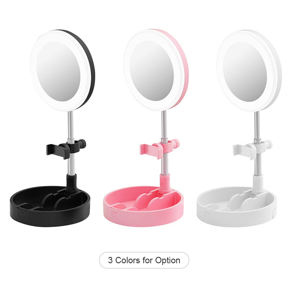 Portable LED Ring Light with Makeup Mirror Phone Holder 10 Brightness for Selfie Video Recording Streaming - Pink