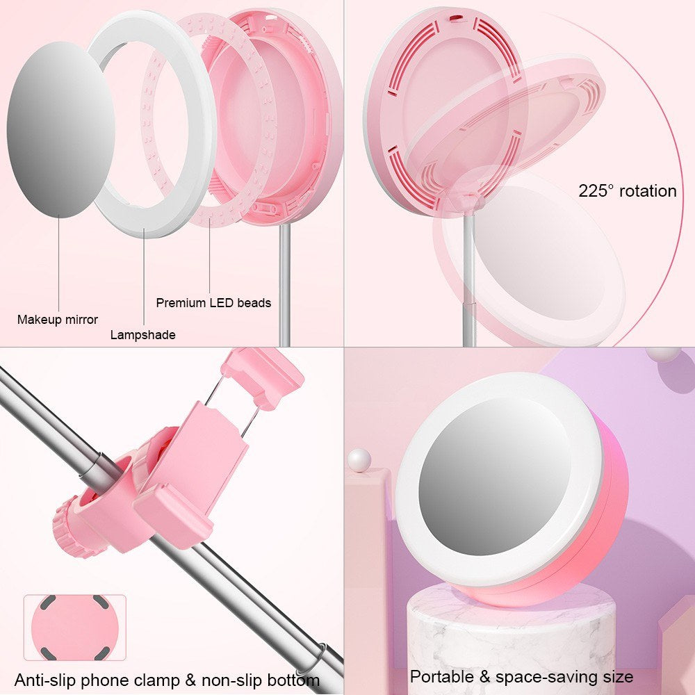 Portable LED Ring Light with Makeup Mirror Phone Holder 10 Brightness for Selfie Video Recording Streaming - Pink