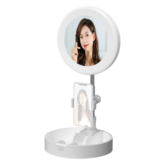 Portable LED Ring Light with Makeup Mirror Phone Holder 10 Brightness for Selfie Video Recording Streaming - White